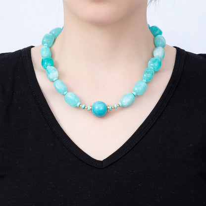16K Gold Filled 20mm Blue Turquoise Rectangle Gemstone Chain 19 Inch Necklace | WA-01312