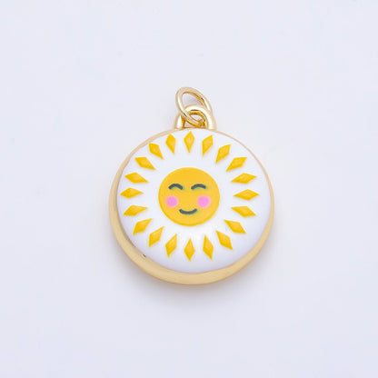 16K Gold Filled 20mm Happy Smiley Face Celestial Sun Enamel Round Charm | Charms-01242