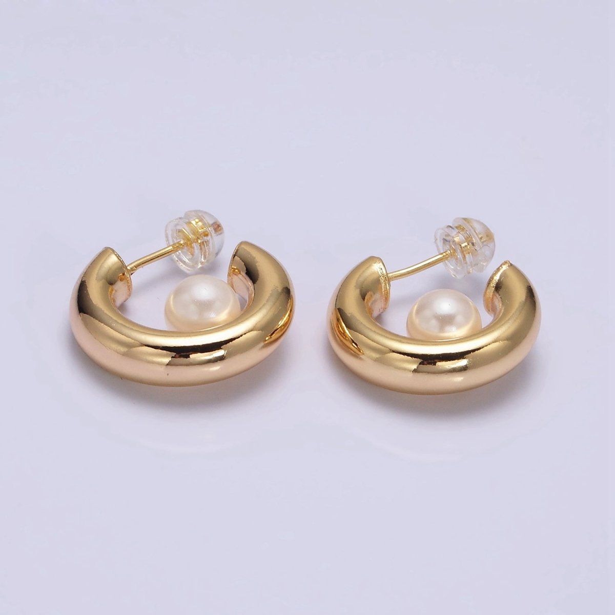 16K Gold Filled 20mm Chubby Round White Pearl C-Shaped Hoop Earrings in Gold &amp; Silver | AE-572 AE-573