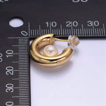 16K Gold Filled 20mm Chubby Round White Pearl C-Shaped Hoop Earrings in Gold &amp; Silver | AE-572 AE-573