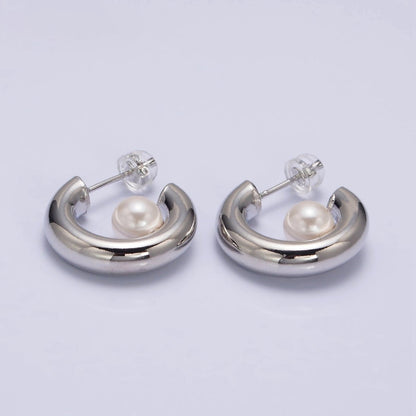 16K Gold Filled 20mm Chubby Round White Pearl C-Shaped Hoop Earrings in Gold &amp; Silver | AE-572 AE-573