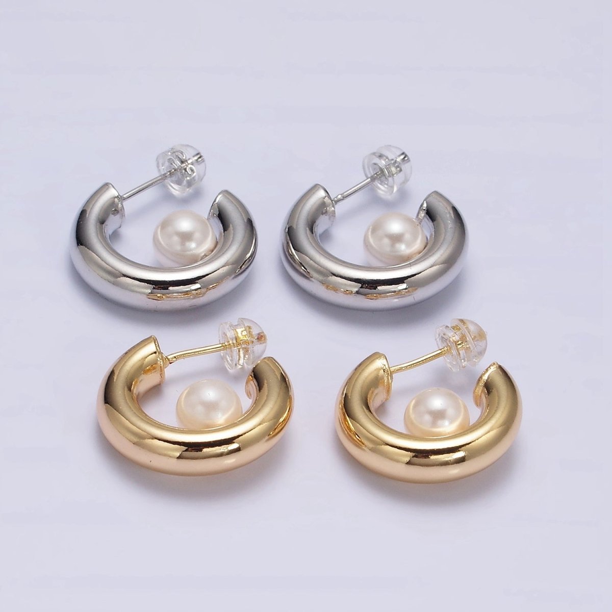 16K Gold Filled 20mm Chubby Round White Pearl C-Shaped Hoop Earrings in Gold &amp; Silver | AE-572 AE-573