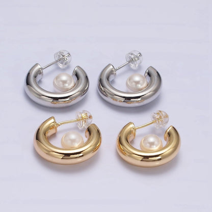 16K Gold Filled 20mm Chubby Round White Pearl C-Shaped Hoop Earrings in Gold &amp; Silver | AE-572 AE-573