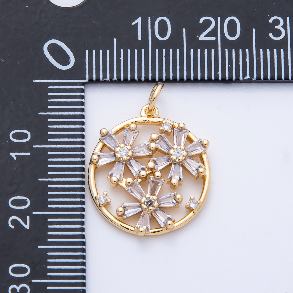16K Gold Filled 20mm Clear CZ Baguette Triple Flower Open Round Charm | Charms-00392
