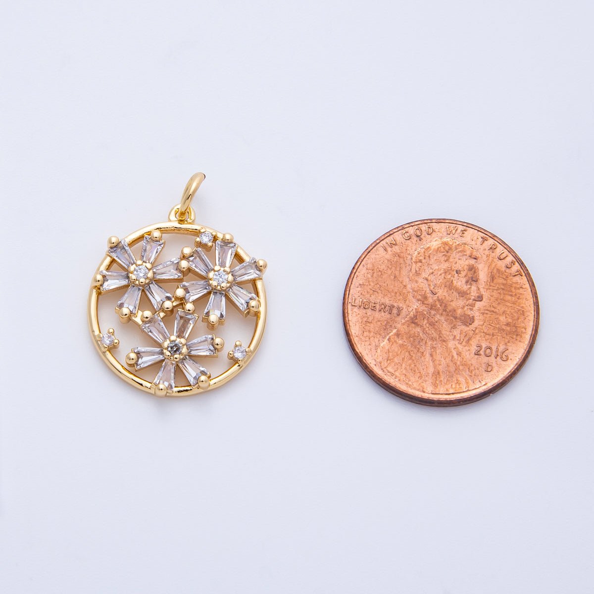 16K Gold Filled 20mm Clear CZ Baguette Triple Flower Open Round Charm | Charms-00392