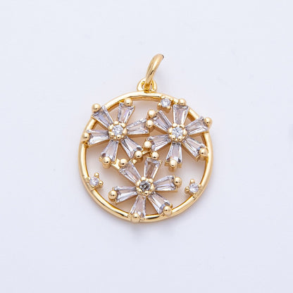 16K Gold Filled 20mm Clear CZ Baguette Triple Flower Open Round Charm | Charms-00392