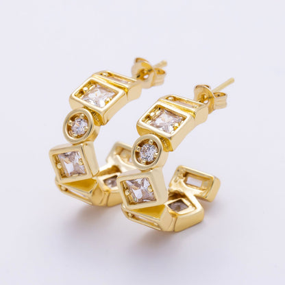 16K Gold Filled 20mm Clear CZ Multi Cut Geometric Bezel C-Shaped Hoop| Earrings-00711