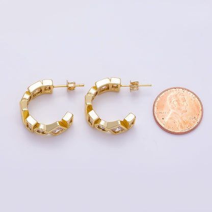 16K Gold Filled 20mm Clear CZ Multi Cut Geometric Bezel C-Shaped Hoop| Earrings-00711