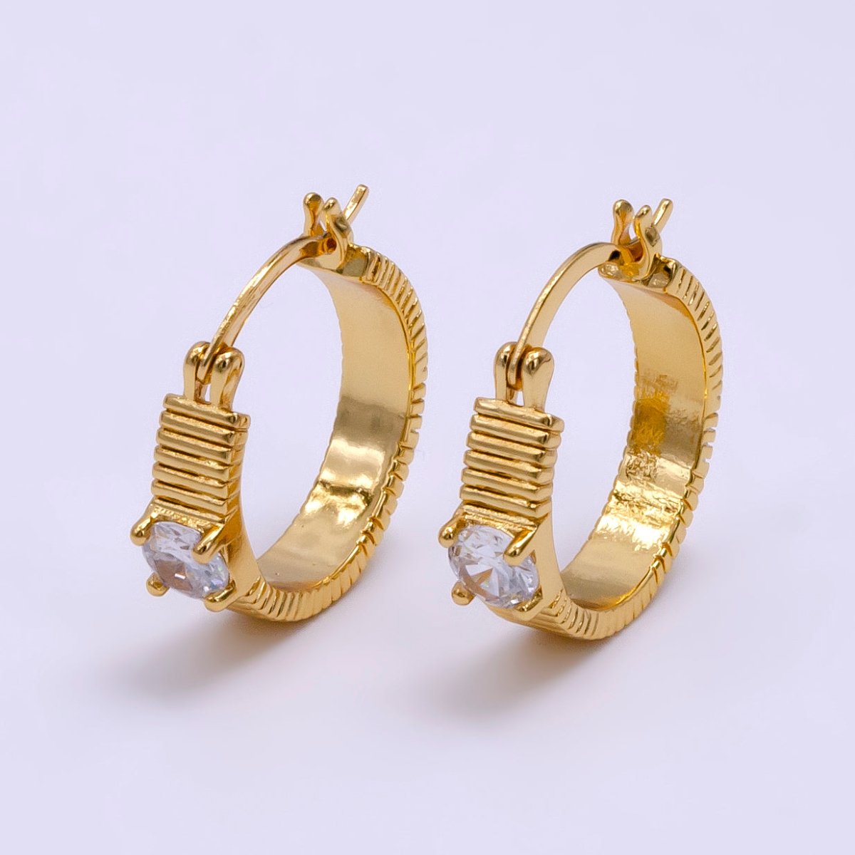 16K Gold Filled 20mm Clear CZ Ribbed Latch Hoop Earrings