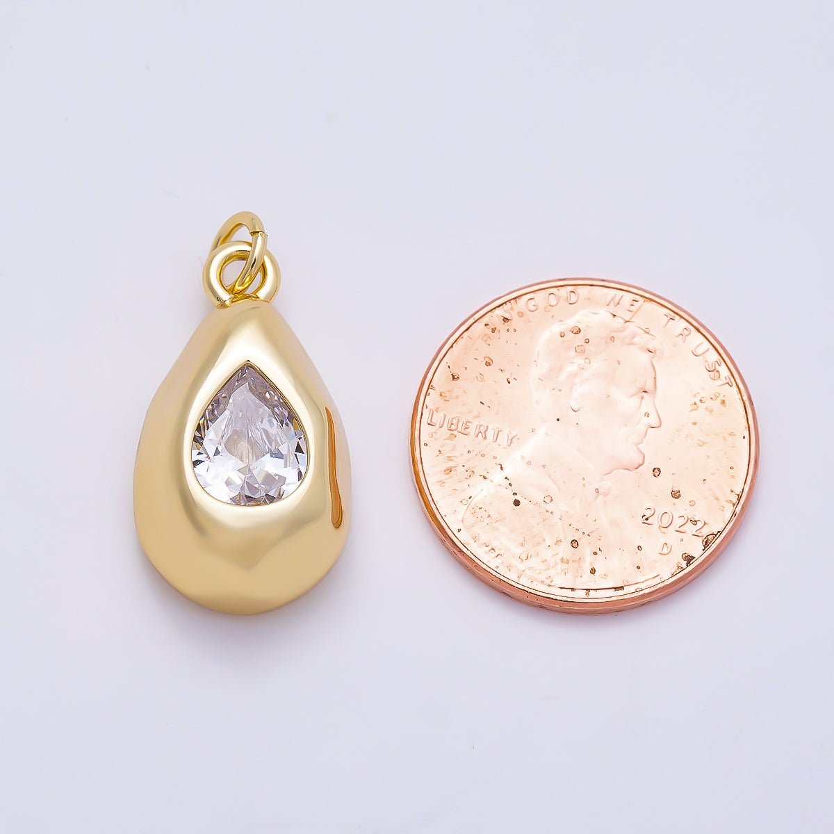 16K Gold Filled 20mm Clear CZ Teardrop Geometric Molten Bezel Chubby Charm | Charms-01355