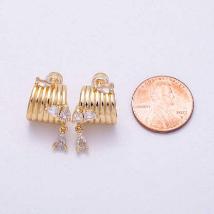 16K Gold Filled 20mm Clear Teardrop CZ Drop Wide Ribbed C-Shaped Hoop Earrings | Earrings-00324