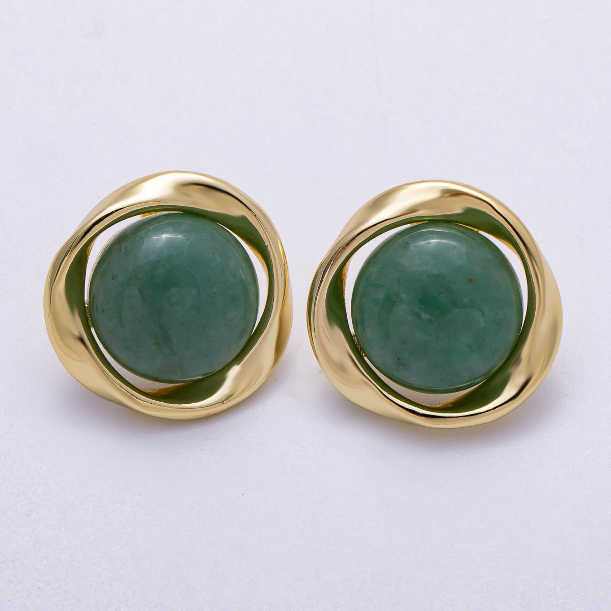 16K Gold Filled 20mm Green Aventurine Cabochon Gemstone Geometric Bezel Stud Earrings | Earrings-00330