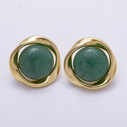 16K Gold Filled 20mm Green Aventurine Cabochon Gemstone Geometric Bezel Stud Earrings | Earrings-00330