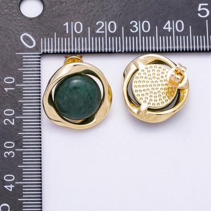 16K Gold Filled 20mm Green Aventurine Cabochon Gemstone Geometric Bezel Stud Earrings | Earrings-00330