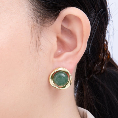 16K Gold Filled 20mm Green Aventurine Cabochon Gemstone Geometric Bezel Stud Earrings | Earrings-00330