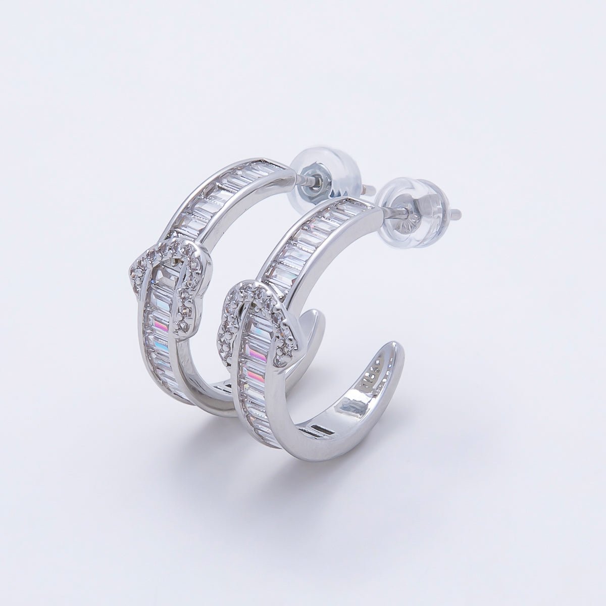 16K Gold Filled 20mm Heart Knot Baguette Micro Paved CZ C-Shaped Hoop in Gold &amp; Silver | Earrings-00643 Earrings-00644