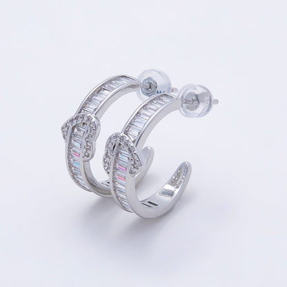 16K Gold Filled 20mm Heart Knot Baguette Micro Paved CZ C-Shaped Hoop in Gold &amp; Silver | Earrings-00643 Earrings-00644