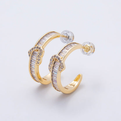 16K Gold Filled 20mm Heart Knot Baguette Micro Paved CZ C-Shaped Hoop in Gold &amp; Silver | Earrings-00643 Earrings-00644