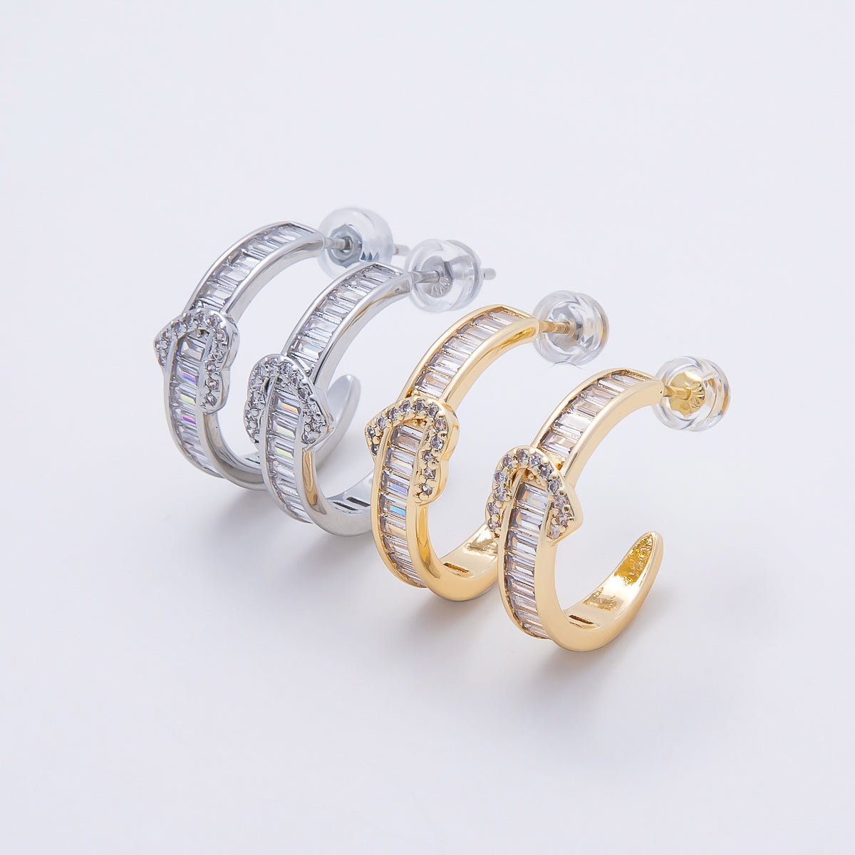 16K Gold Filled 20mm Heart Knot Baguette Micro Paved CZ C-Shaped Hoop in Gold &amp; Silver | Earrings-00643 Earrings-00644