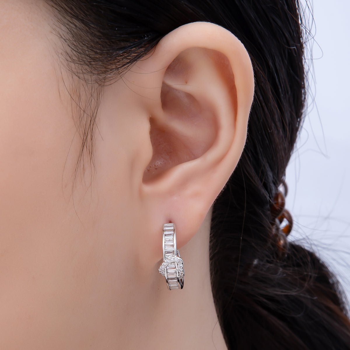 16K Gold Filled 20mm Heart Knot Baguette Micro Paved CZ C-Shaped Hoop in Gold &amp; Silver | Earrings-00643 Earrings-00644