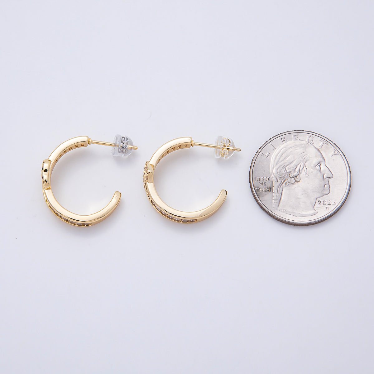 16K Gold Filled 20mm Heart Knot Baguette Micro Paved CZ C-Shaped Hoop in Gold &amp; Silver | Earrings-00643 Earrings-00644