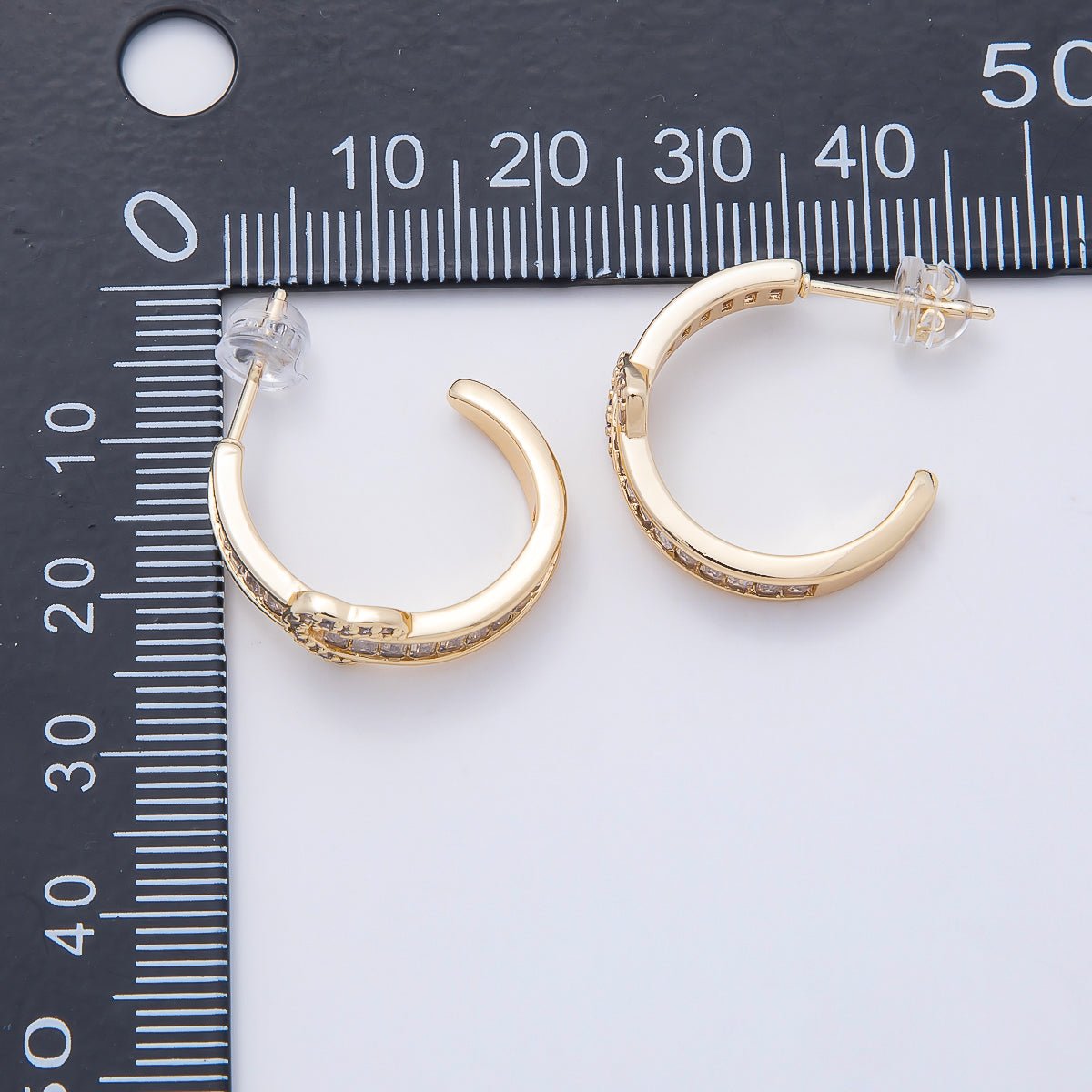 16K Gold Filled 20mm Heart Knot Baguette Micro Paved CZ C-Shaped Hoop in Gold &amp; Silver | Earrings-00643 Earrings-00644