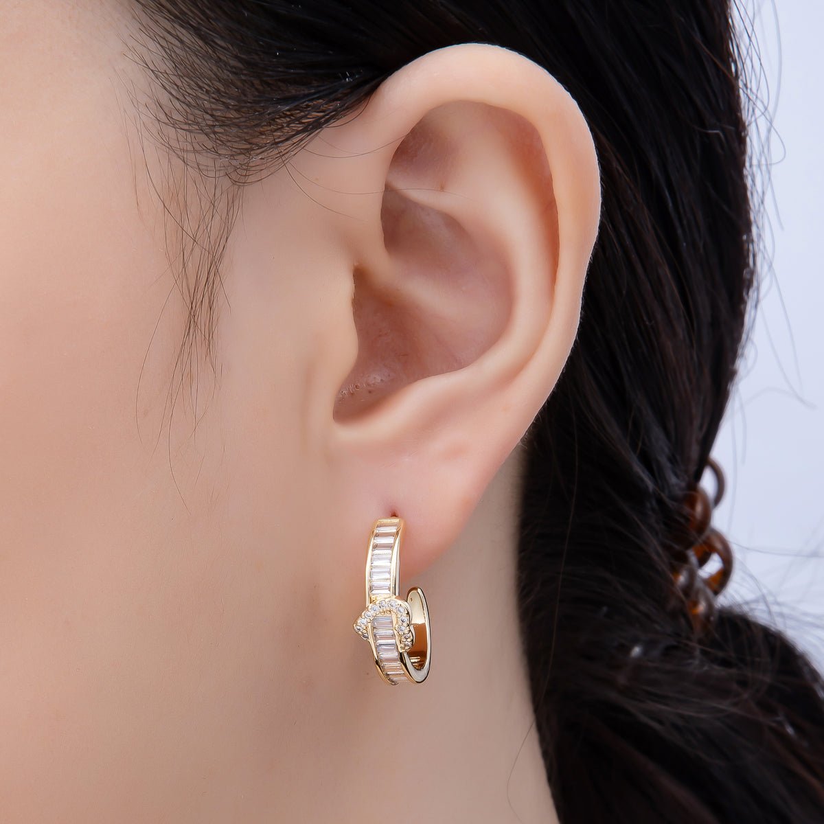 16K Gold Filled 20mm Heart Knot Baguette Micro Paved CZ C-Shaped Hoop in Gold &amp; Silver | Earrings-00643 Earrings-00644