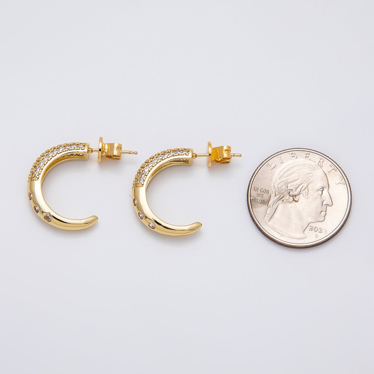 16K Gold Filled 20mm Micro Paved CZ Dotted C-Shaped Hoops Earrings | Earrings-00261