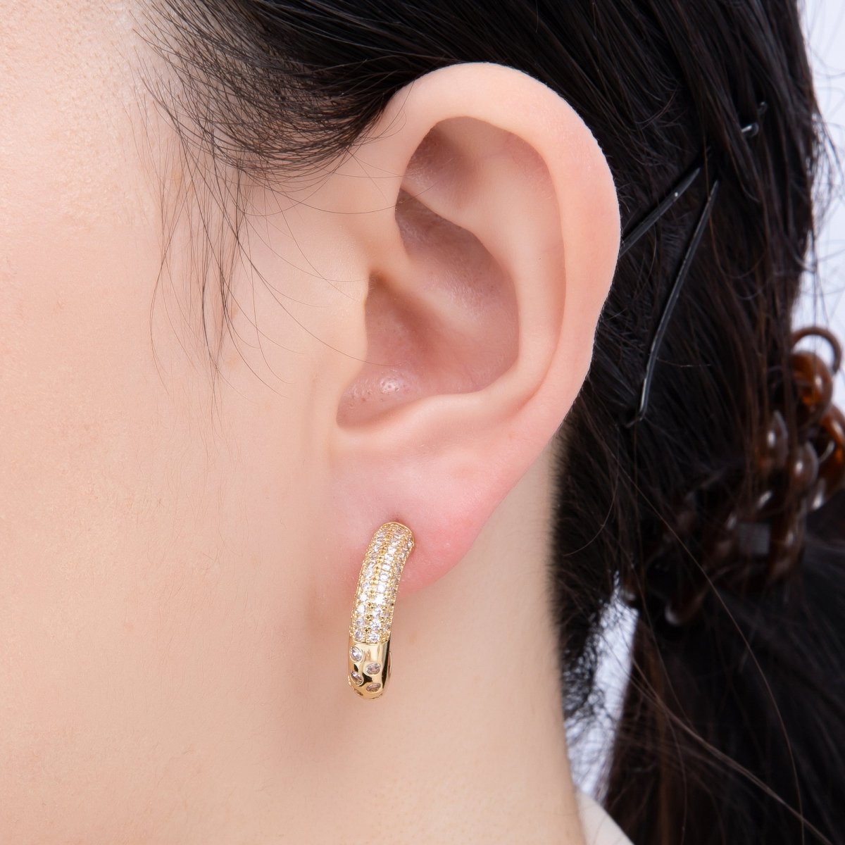 16K Gold Filled 20mm Micro Paved CZ Dotted C-Shaped Hoops Earrings | Earrings-00261