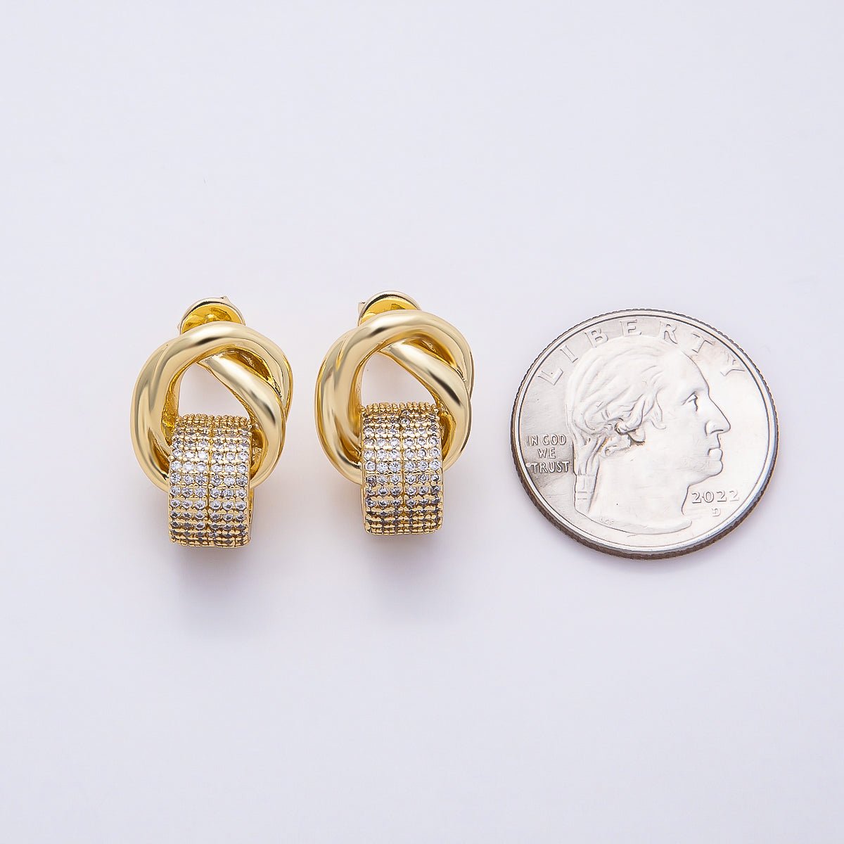 16K Gold Filled 20mm Micro Paved CZ Knot Door Knocker Stud Earrings | Earrings-00368