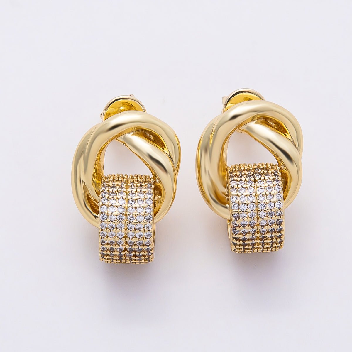 16K Gold Filled 20mm Micro Paved CZ Knot Door Knocker Stud Earrings | Earrings-00368