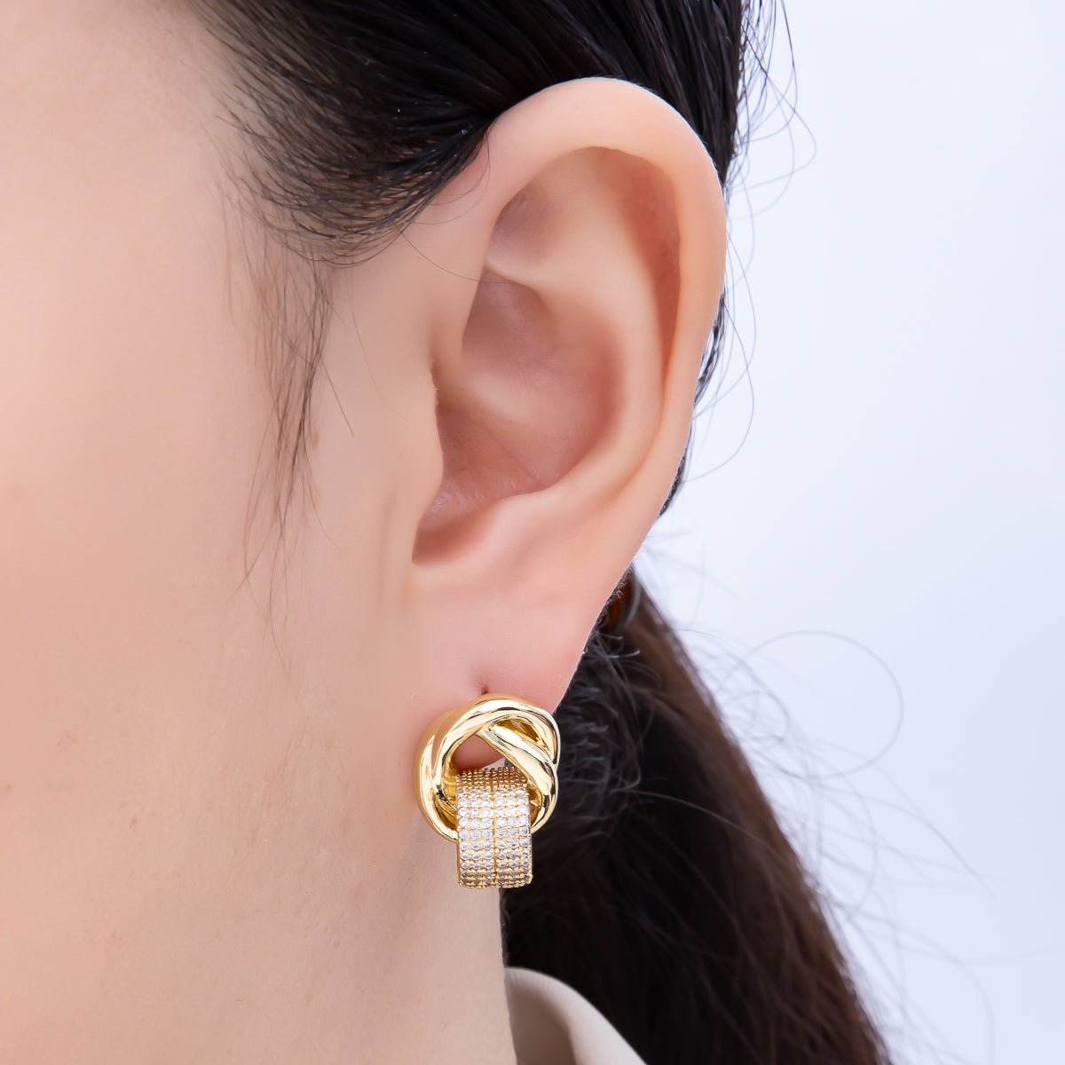16K Gold Filled 20mm Micro Paved CZ Knot Door Knocker Stud Earrings | Earrings-00368