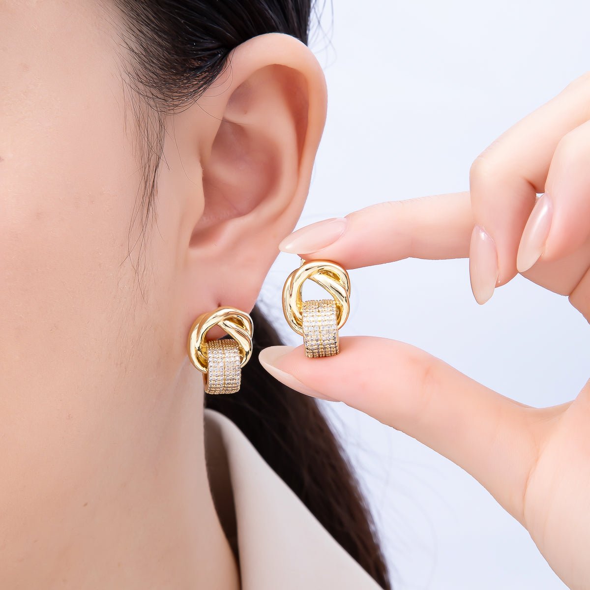 16K Gold Filled 20mm Micro Paved CZ Knot Door Knocker Stud Earrings | Earrings-00368