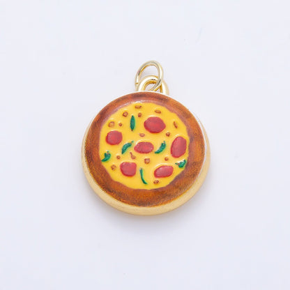 16K Gold Filled 20mm Pepperoni Pizza Enamel Round Charm | Charms-01243