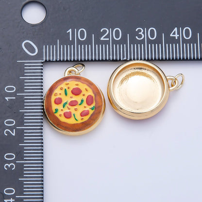 16K Gold Filled 20mm Pepperoni Pizza Enamel Round Charm | Charms-01243