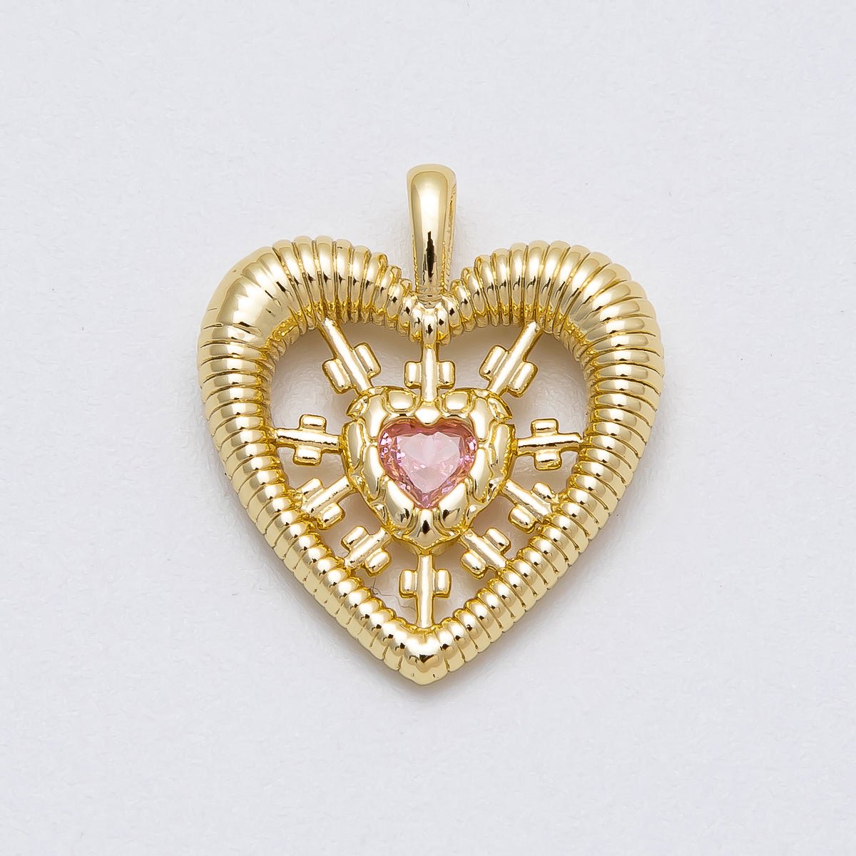 16K Gold Filled 20mm Pink CZ Ribbed Open Heart Pendant | Charms-00452