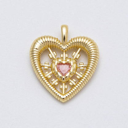 16K Gold Filled 20mm Pink CZ Ribbed Open Heart Pendant | Charms-00452
