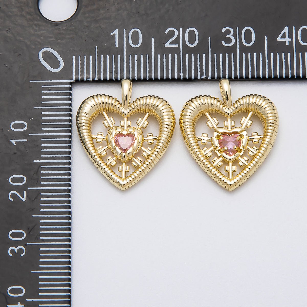 16K Gold Filled 20mm Pink CZ Ribbed Open Heart Pendant | Charms-00452