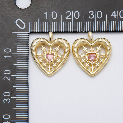 16K Gold Filled 20mm Pink CZ Ribbed Open Heart Pendant | Charms-00452