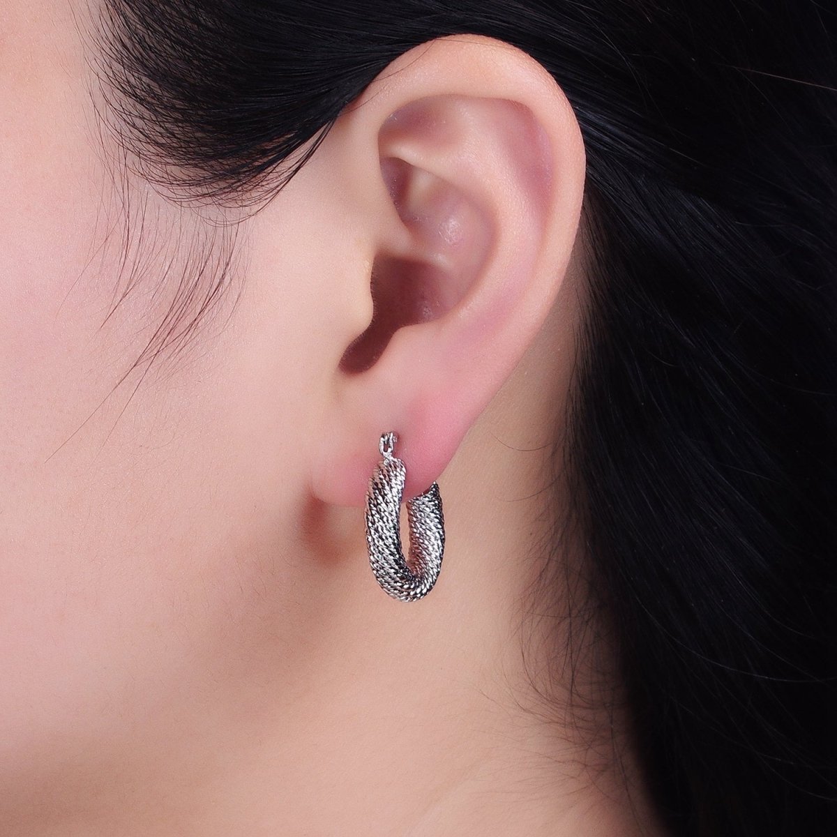 16K Gold Filled 20mm Rope Line Textured Tube Hoop Latch Earrings in Gold &amp; Silver | AD802 AD803