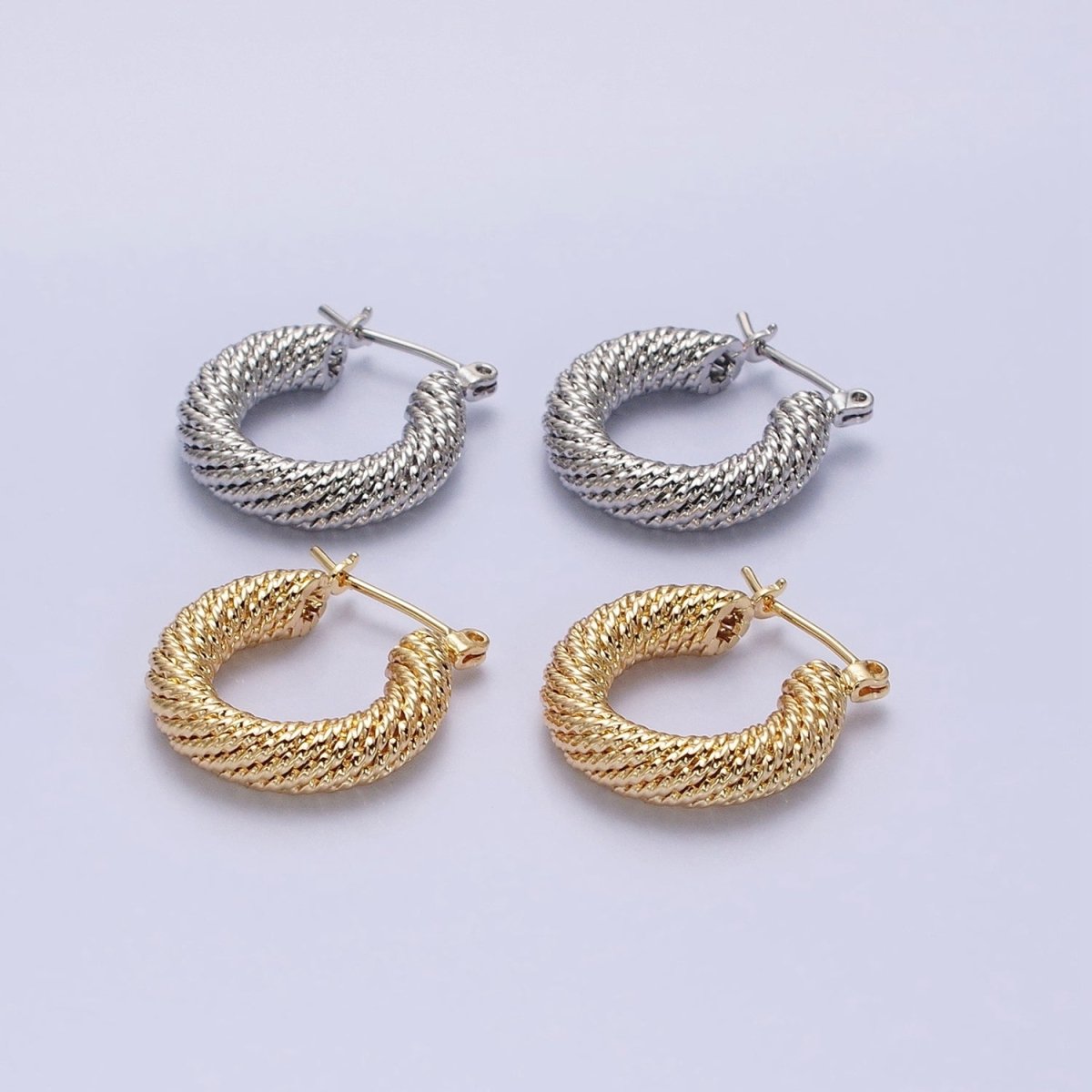 16K Gold Filled 20mm Rope Line Textured Tube Hoop Latch Earrings in Gold &amp; Silver | AD802 AD803