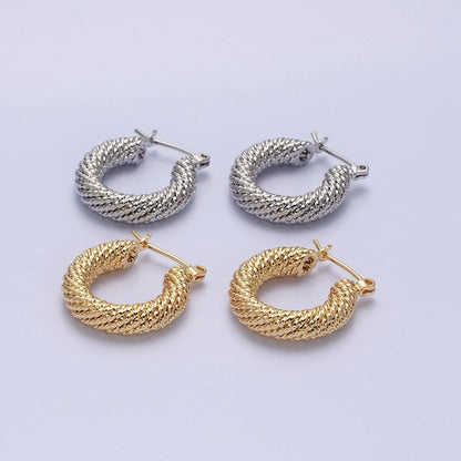16K Gold Filled 20mm Rope Line Textured Tube Hoop Latch Earrings in Gold &amp; Silver | AD802 AD803