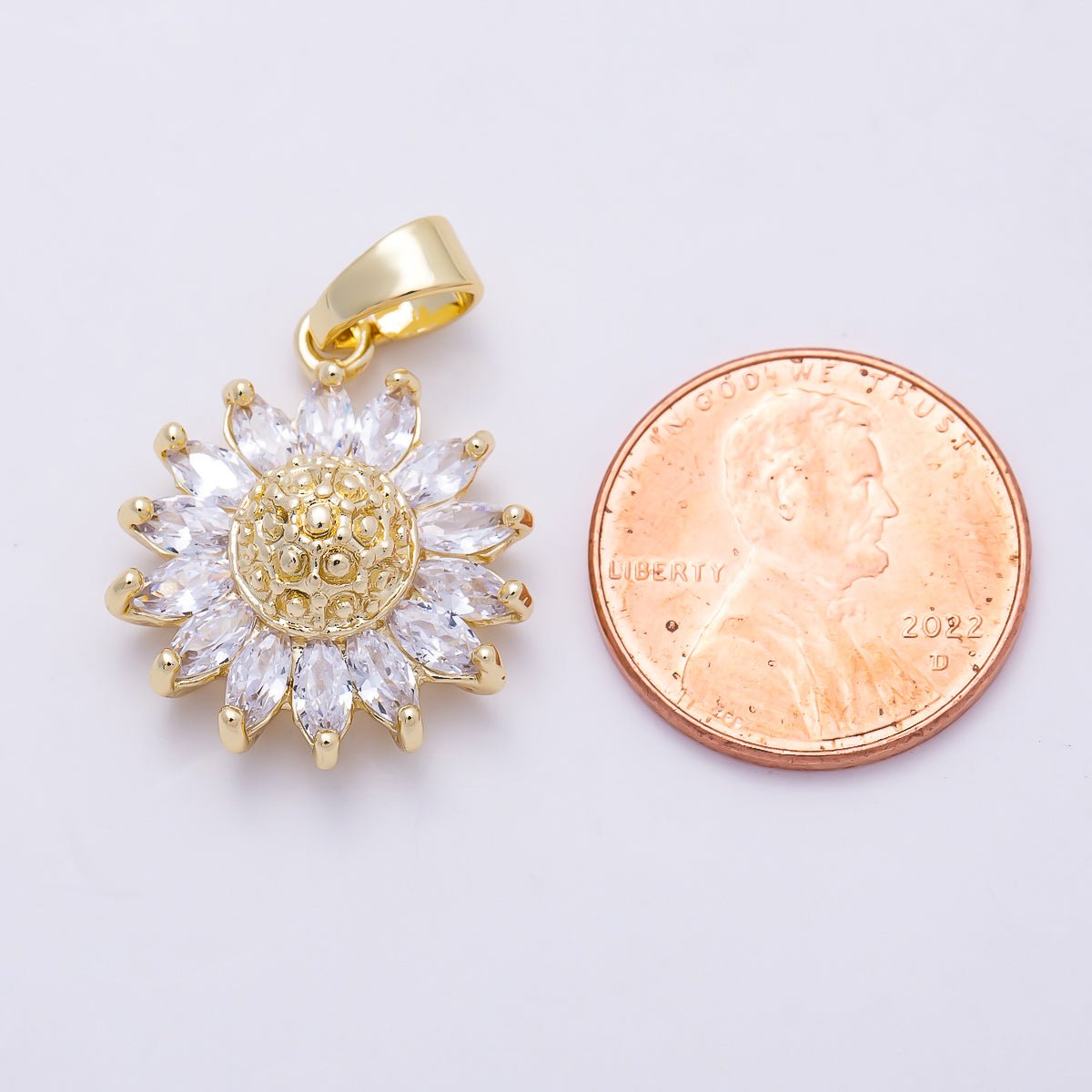 16K Gold Filled 21.5mm Clear CZ Sun Flower Pendant | Charms-01383