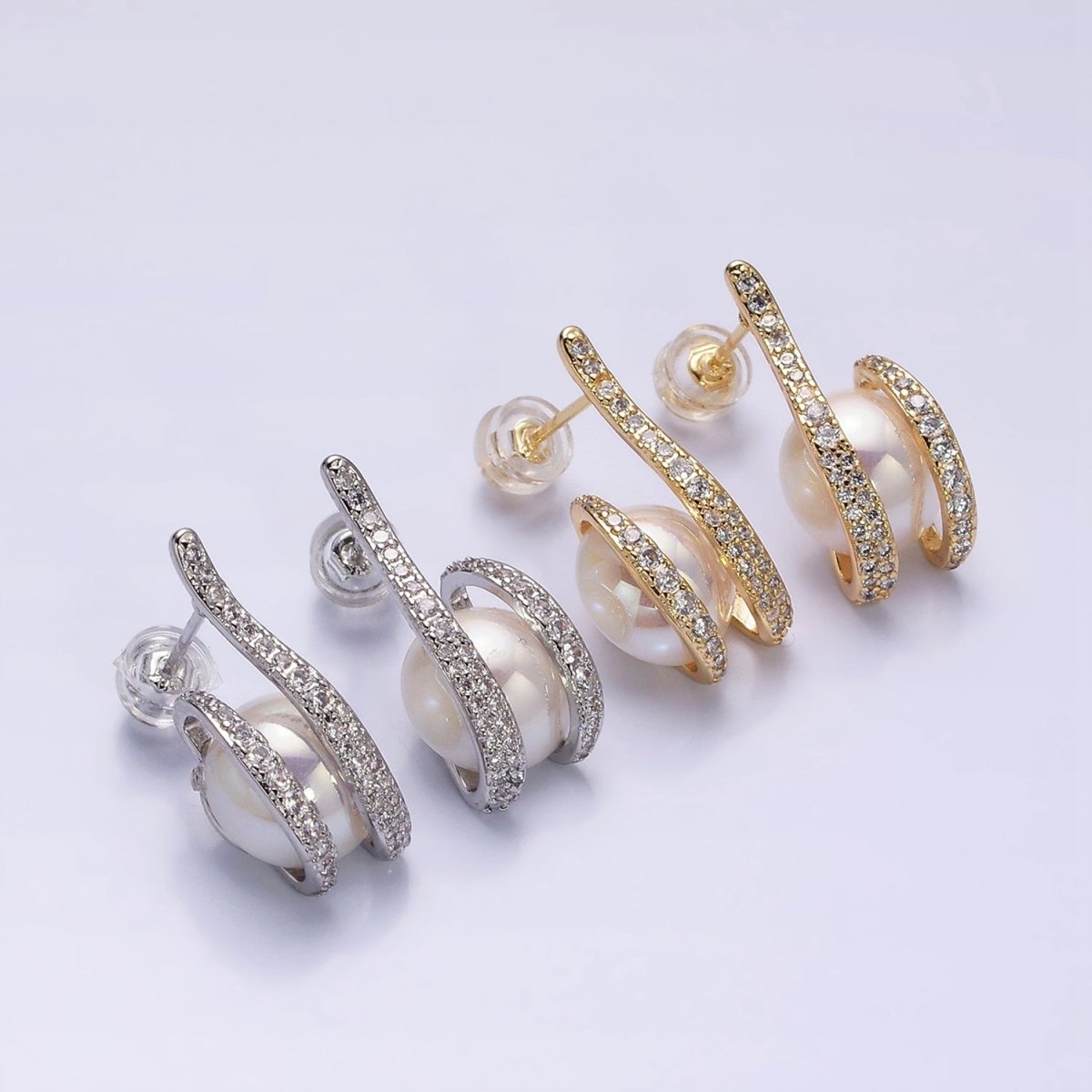 16K Gold Filled 21.5mm Iridescent Shell Pearl Micro Paved CZ Claw Drop Stud Earrings in Gold &amp; Silver | AD972 AD973