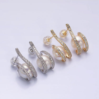 16K Gold Filled 21.5mm Iridescent Shell Pearl Micro Paved CZ Claw Drop Stud Earrings in Gold &amp; Silver | AD972 AD973
