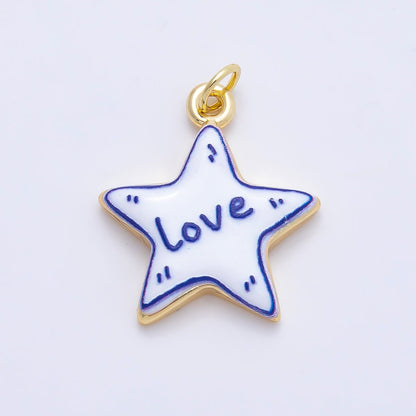 16K Gold Filled 21.5mm Lucky, Amore, Happy, Kiss, Mom, Mama, Love Script Blue White Celestial Star Charm | Charms-01229 ~ Charms-01235