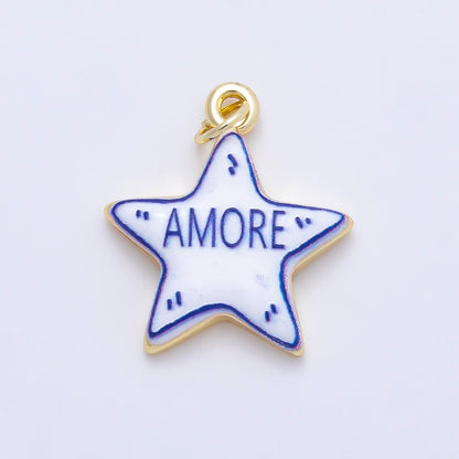 16K Gold Filled 21.5mm Lucky, Amore, Happy, Kiss, Mom, Mama, Love Script Blue White Celestial Star Charm | Charms-01229 ~ Charms-01235