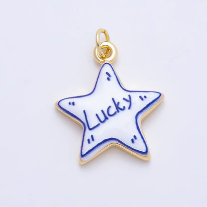 16K Gold Filled 21.5mm Lucky, Amore, Happy, Kiss, Mom, Mama, Love Script Blue White Celestial Star Charm | Charms-01229 ~ Charms-01235