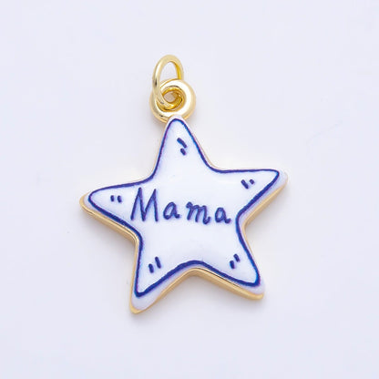 16K Gold Filled 21.5mm Lucky, Amore, Happy, Kiss, Mom, Mama, Love Script Blue White Celestial Star Charm | Charms-01229 ~ Charms-01235