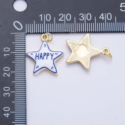 16K Gold Filled 21.5mm Lucky, Amore, Happy, Kiss, Mom, Mama, Love Script Blue White Celestial Star Charm | Charms-01229 ~ Charms-01235